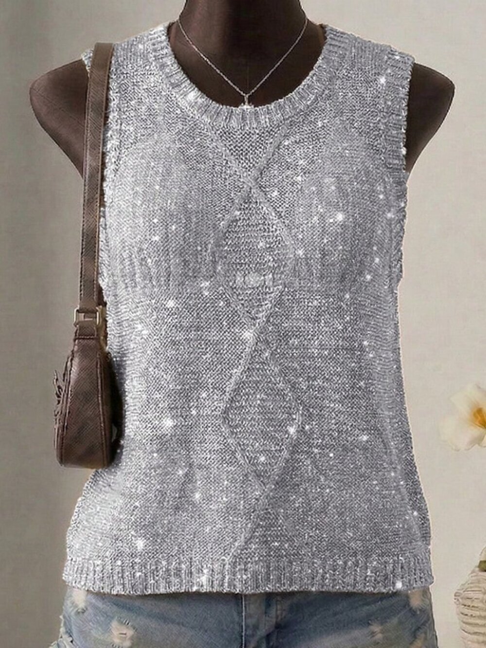 Grey Casual Women's Sleeveless Metallic Knit Tank Top - Picture 3 of 4